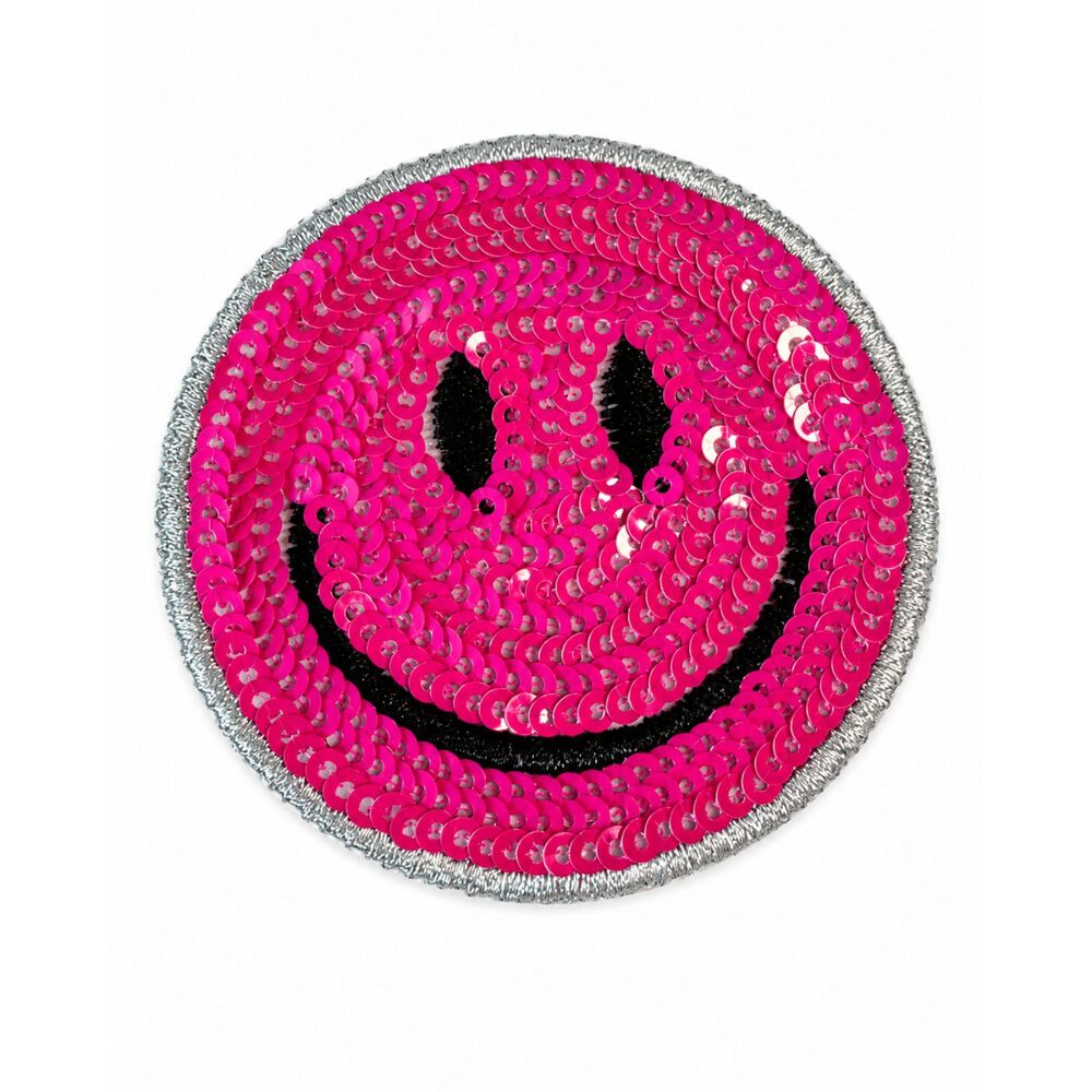 Hot Pink Sequin Smiley Face Patch Silver Glitter Trim Sew On